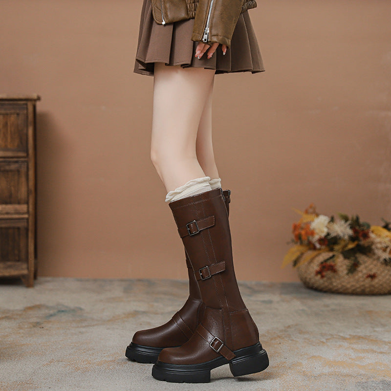 Women's Brown Small Hidden Platform Versatile Knee-high Below Boots