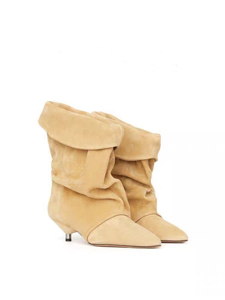 Women's Kitten Pointed Sleeve Pleated Suede Pile Style Large Size Wide Boots