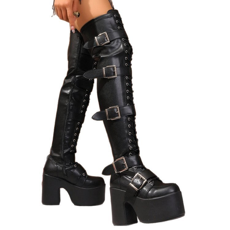 Dark Asian Culture Punk Belt Buckle Chunky Fashion Women's Leather Boots