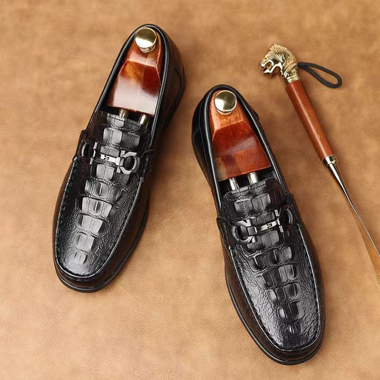 Men's Spring Breathable Trendy Crocodile Pattern British Leather Shoes