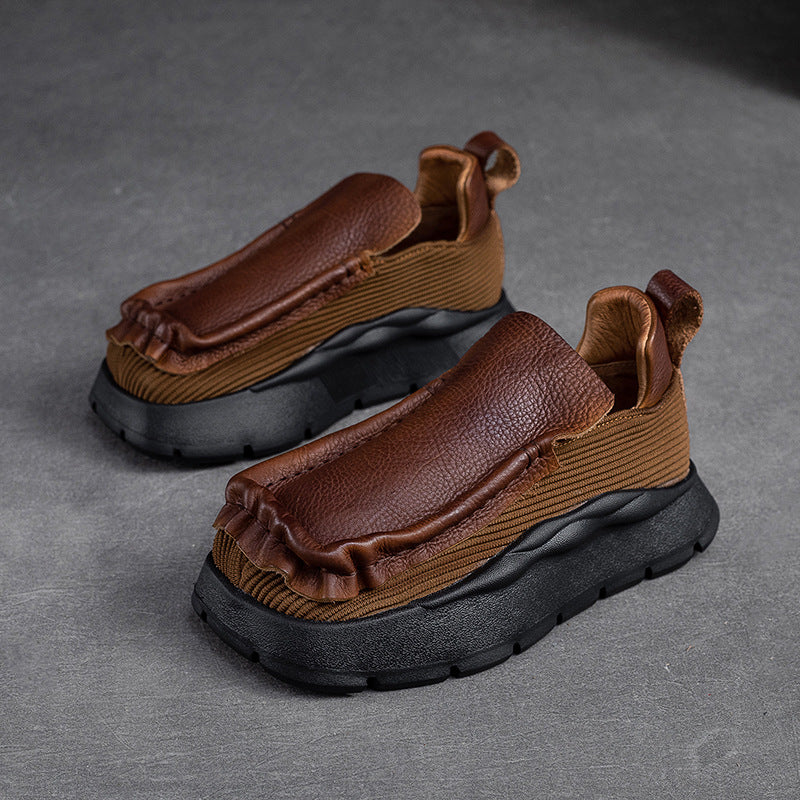 Women's Toe Vintage Pumps Thick Bottom Top Layer Cowhide Casual Shoes