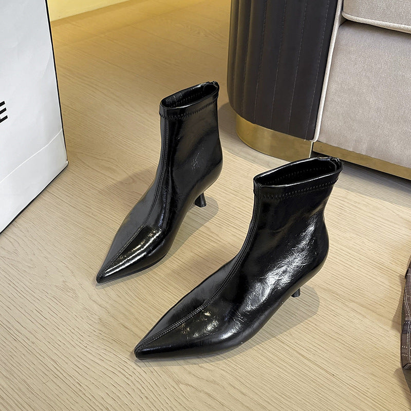 Women's Stiletto Pointed Ankle Back Zipper High-heeled Skinny Slimming Temperament Wild Women's Leather Boots