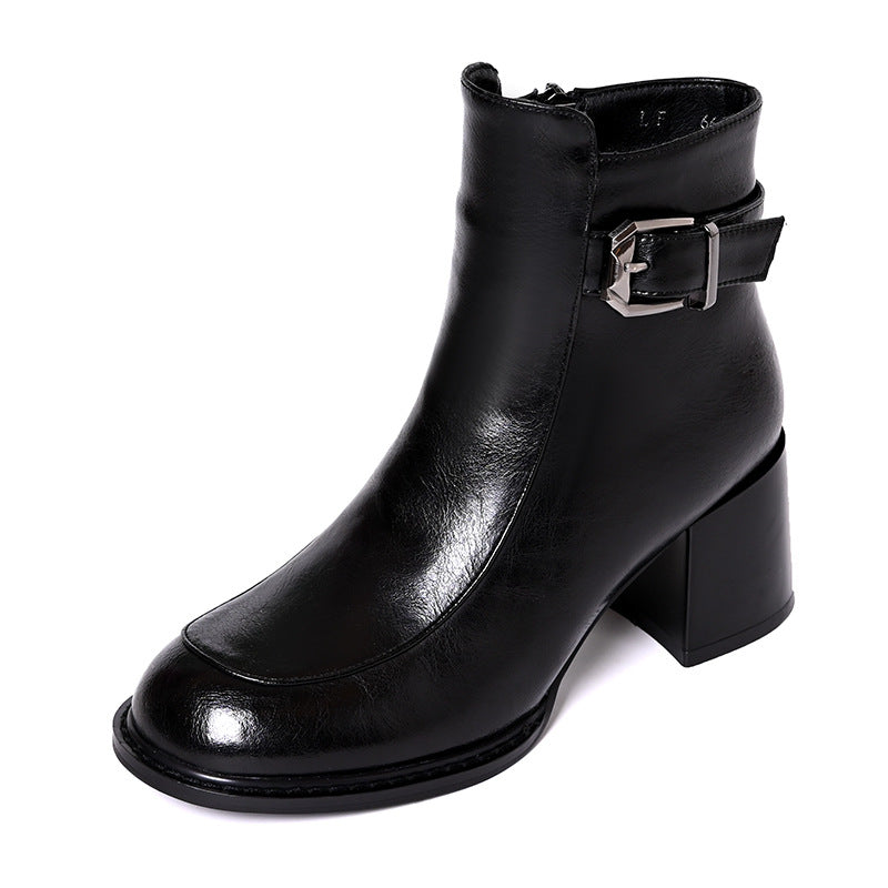 Women's Round Head Ankle French Retro Skinny Fashion Women's Leather Boots