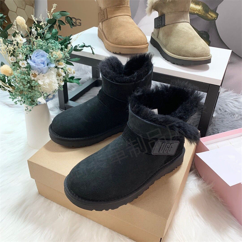 Women's Fur Embossed Drawstring Short Winter Warm Snow Boots
