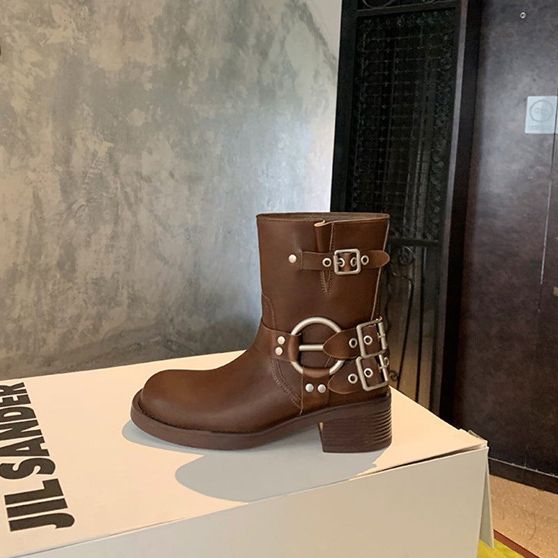 Women's Retro Round Head Ankle Ring Chunky Boots