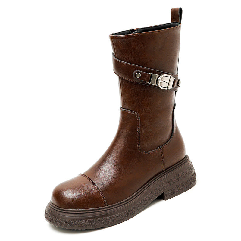 Women's Thick Bottom Soft Brown Martin Retro Length Short Women's Leather Boots