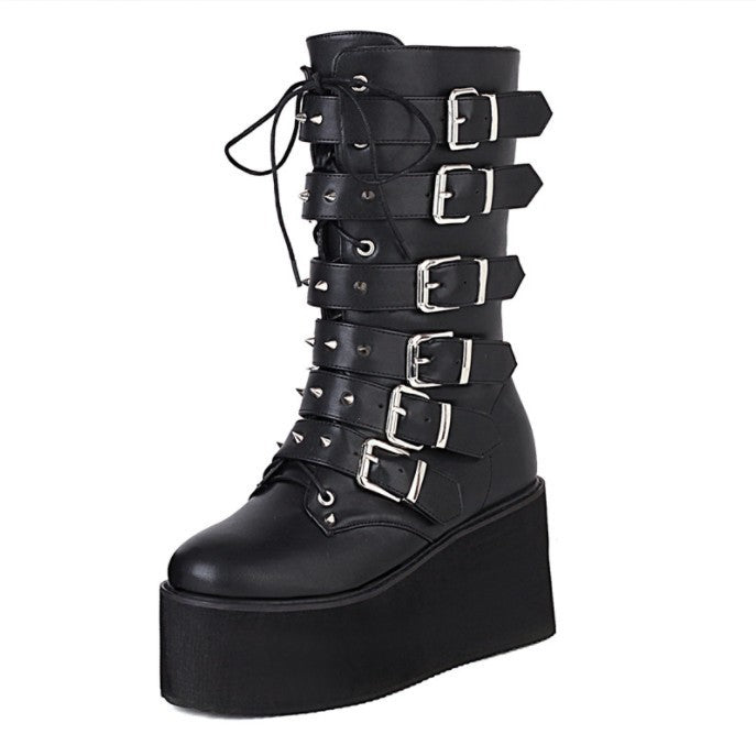 Women's Punk Rivet Riding Platform High Belt Boots