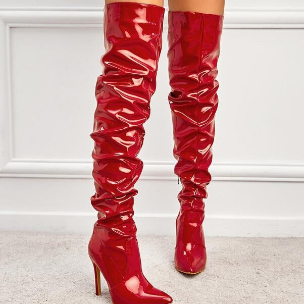 Stretch Autumn Patent Thigh Black Zipper Boots