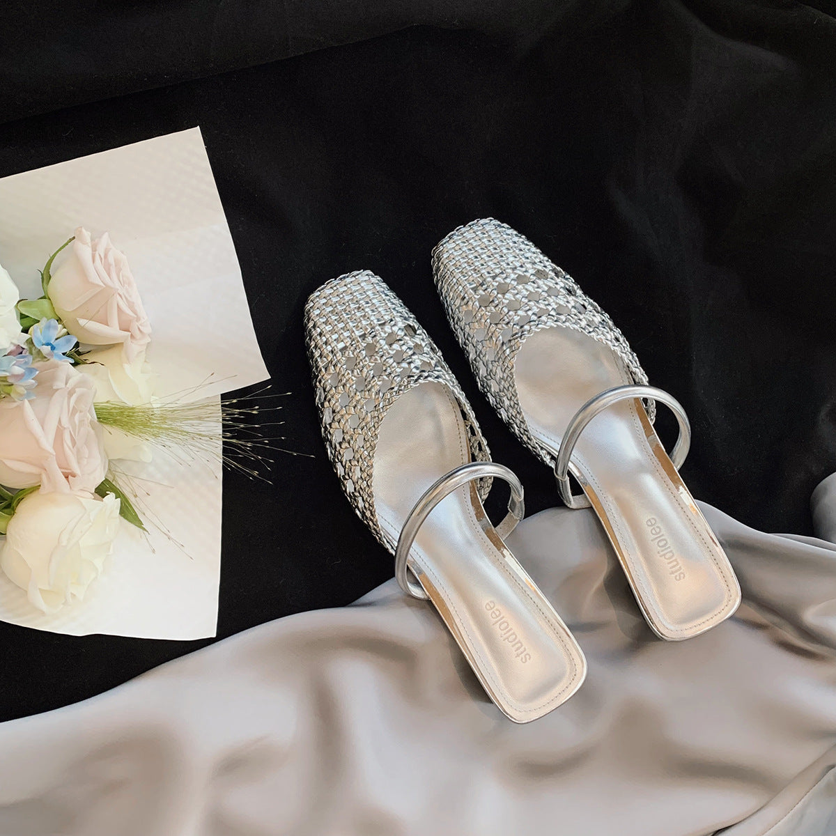 French Square Toe Weaving Hollow Small Slippers