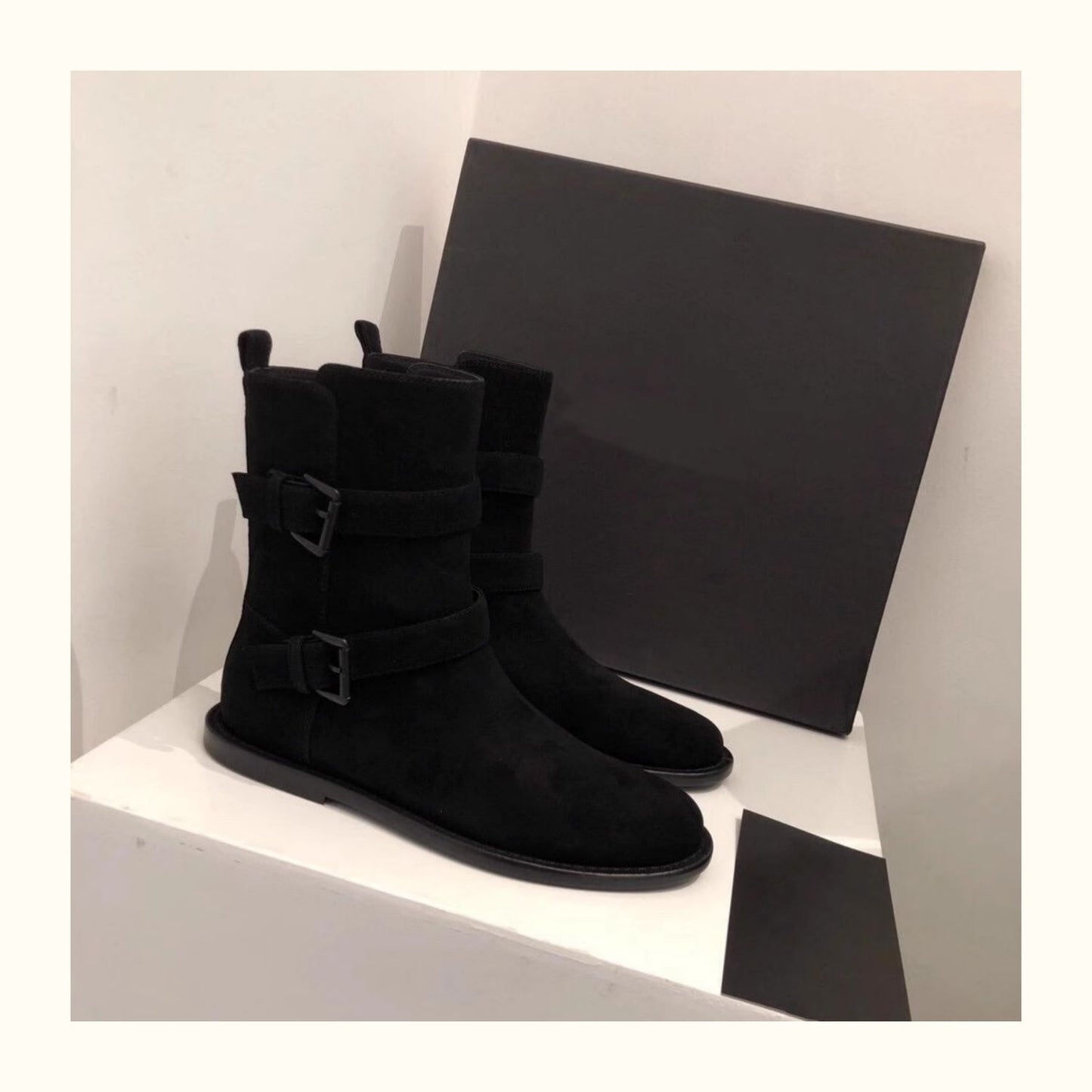 Women's Suede Flat Ankle Genuine Belt Buckle Women's Leather Boots