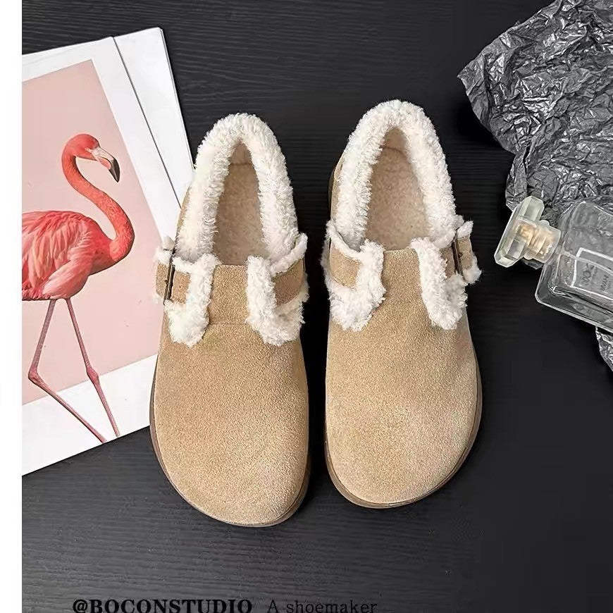 Women's Cowhide Version Fleece-lined Winter Mori Style Retro Round Women's Shoes