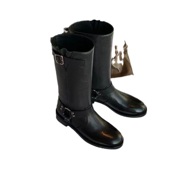 Women's Cowhide Version Love Fans France Cool Vegetable Tanning Vintage Belt Women's Leather Boots