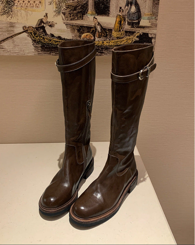 Women's Grape Mom Washed Horse Round Head Women's Leather Boots