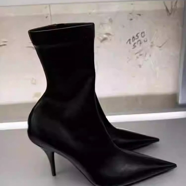 Women's Black Short Stretch Retro Skinny Stiletto Women's Leather Boots