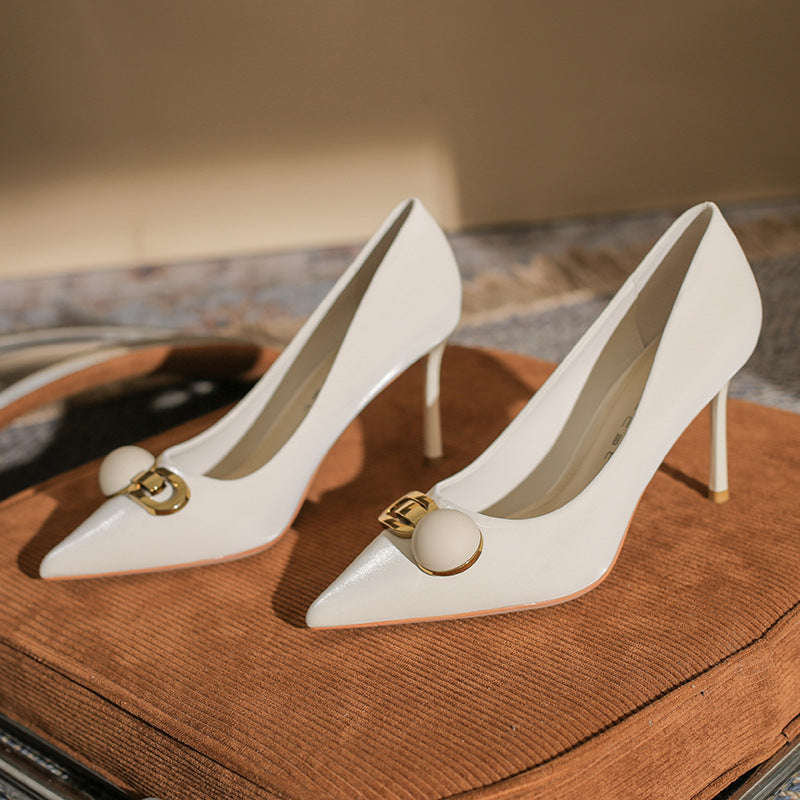 Women's Spring Black Pointed Low-cut Metal Buckle Women's Fashion Shoes