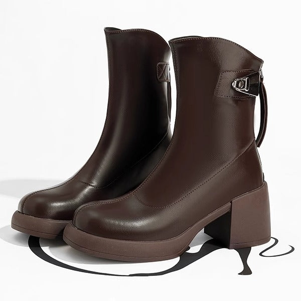 Women's Cowhide Version Skinny Autumn Retro Chunky Boots