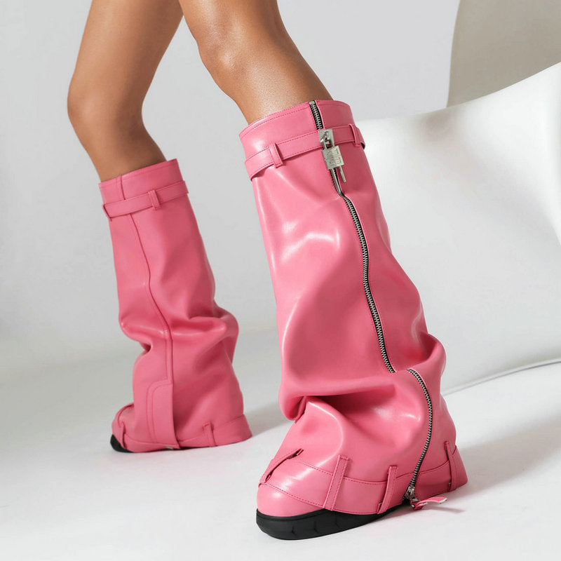 Women's Single Buckle Decorative Sleeve Storage Tube Slim Boots