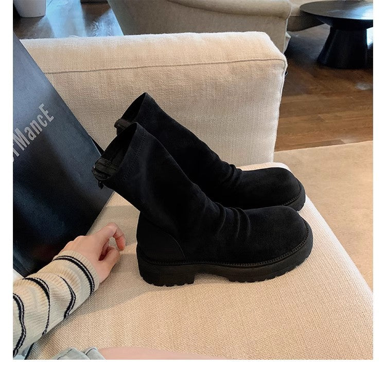 Women's Platform Skinny Round Toe Pleated Back Zipper Boots