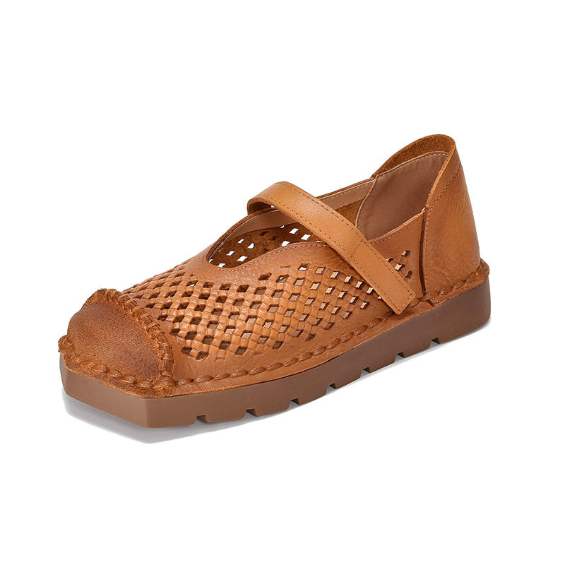 Women's Hollow Square Toe Breathable With First Layer Retro Holes In Sandals