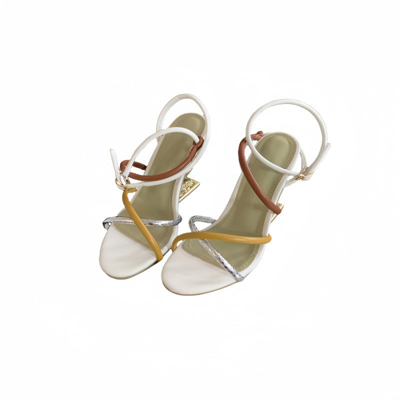 Women's Abnormal Shape Color Cross Strap Matching High Heeled Sandals
