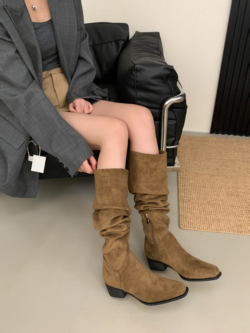 Female Tube Tail British Style Height Increasing Insole Square Women's Leather Boots