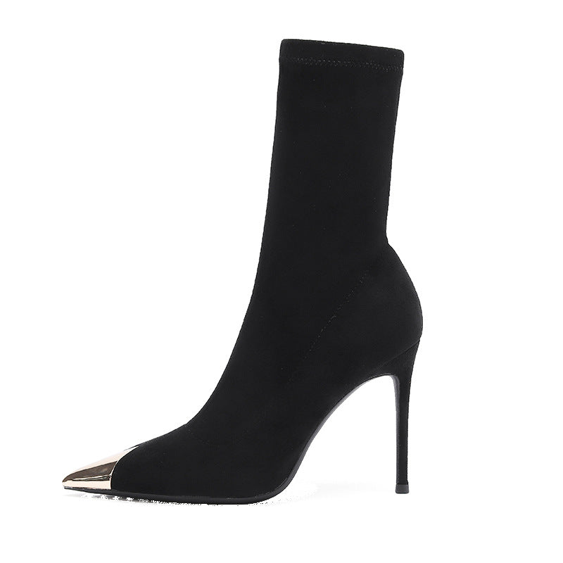 Women's Black Short Stiletto Pointed Toe High Metal Boots