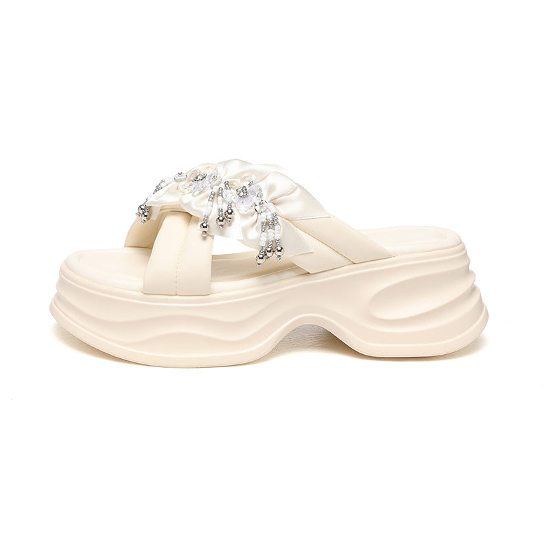 Summer Korean Style Rhinestone Flower Bow Slippers
