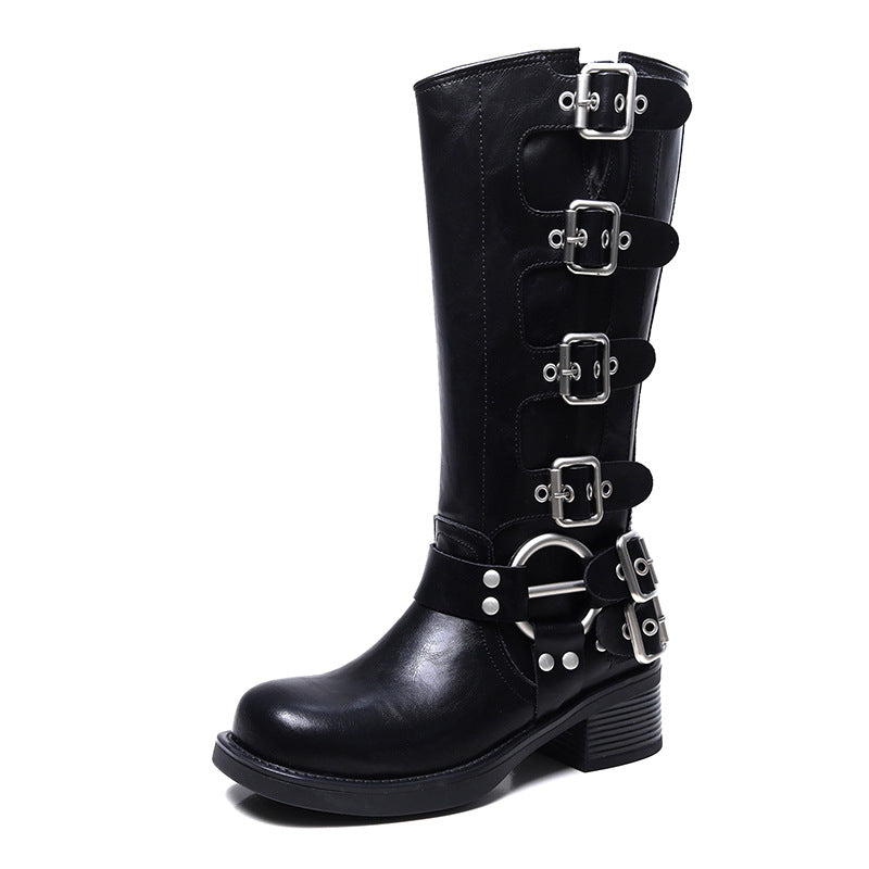 High Version Polished Genuine Knee-high Square Head Sleeve Boots