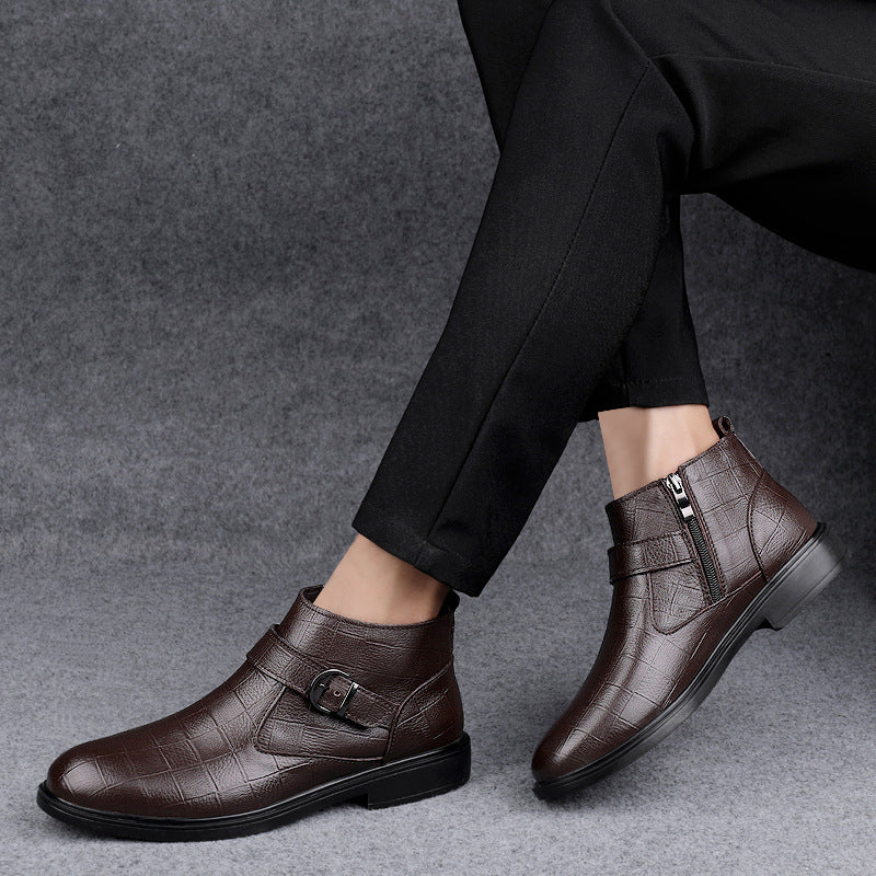 Men's Slip-on Surface Fleece-lined Warm Leisure Plus Leather Shoes