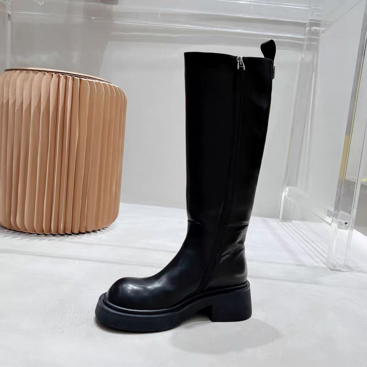 Women's Knee-high European Goods Side Zipper Round Head Calf Skin Boots