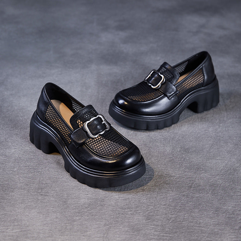Women's Mesh Surface Platform Breathable Slip-on Leather Shoes