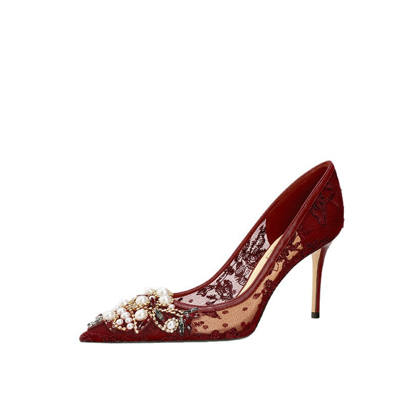 Women's Style Embroidered Mesh Stiletto Bridal Dress Sheepskin Pointed Women's Fashion Shoes