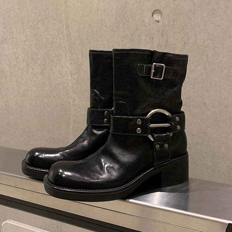 Grape Mom Punk Sweetheart Metal Buckle Round Toe Vintage Boots