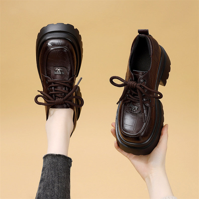 Women's Platform Black Tie Round Toe Mid Slimming Soft Bottom Women's Fashion Shoes
