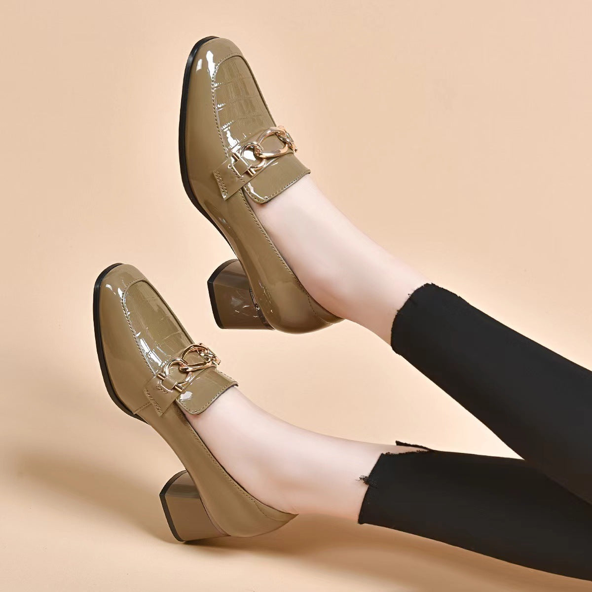 Women's Spring British Style Round Head Chunky Patent Women's Shoes