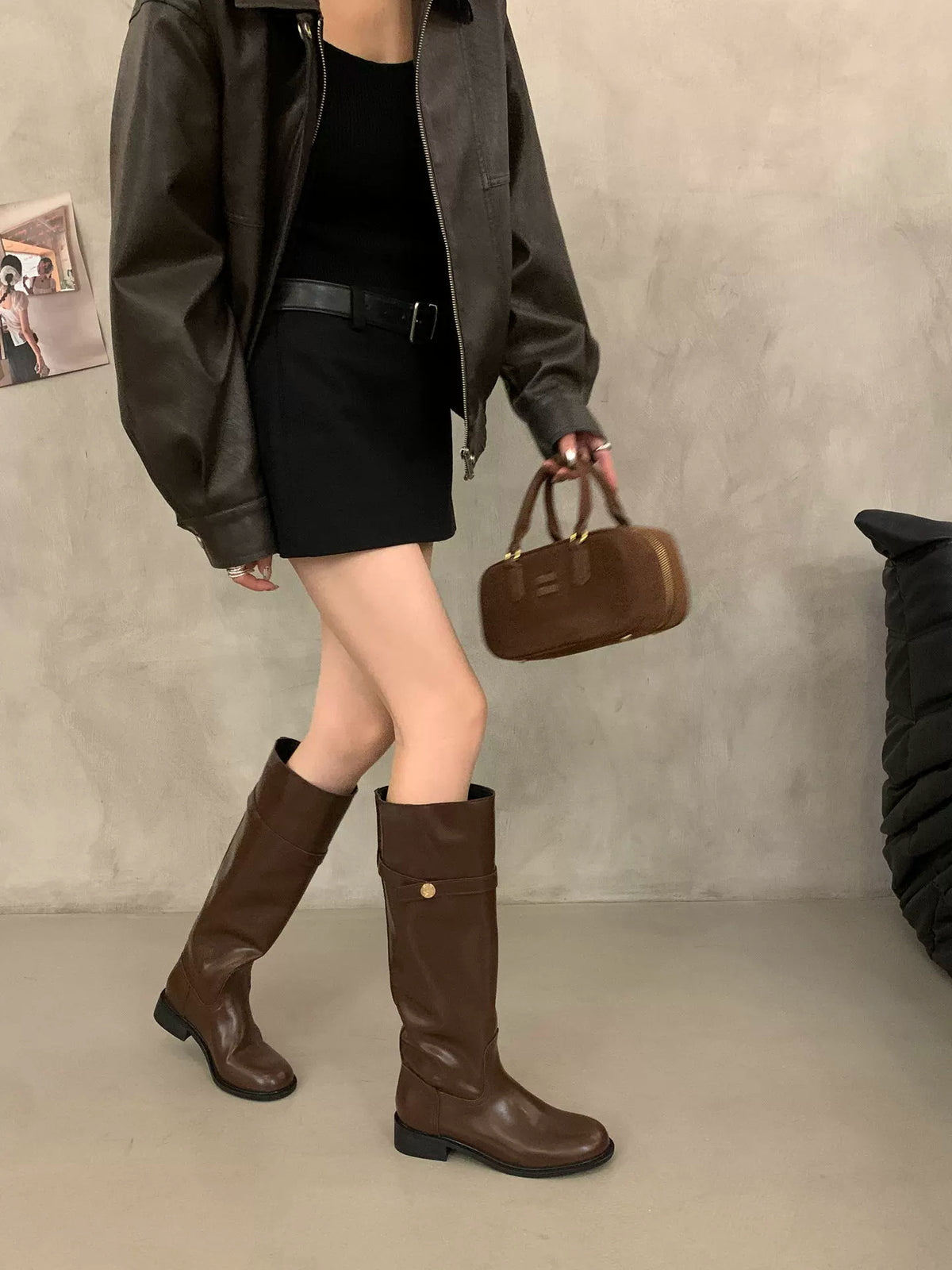 Women's Cowhide Small Gold Coin Chunky Platform Women's Leather Boots
