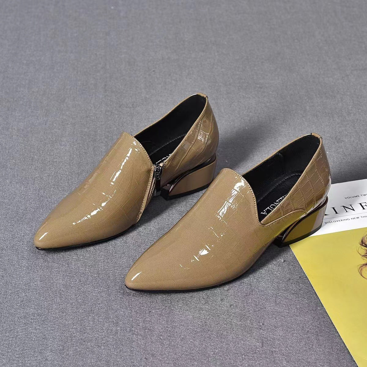 Women's Deep Mouth Pointed Toe Chunky Shiny Women's Fashion Shoes