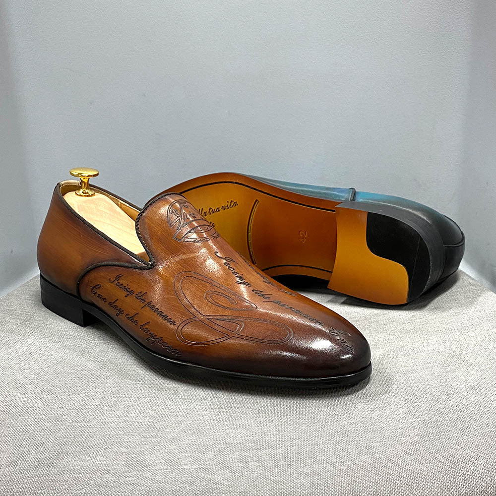 Men's Italian Style Letters Genuine Dress Slip-on Leather Shoes