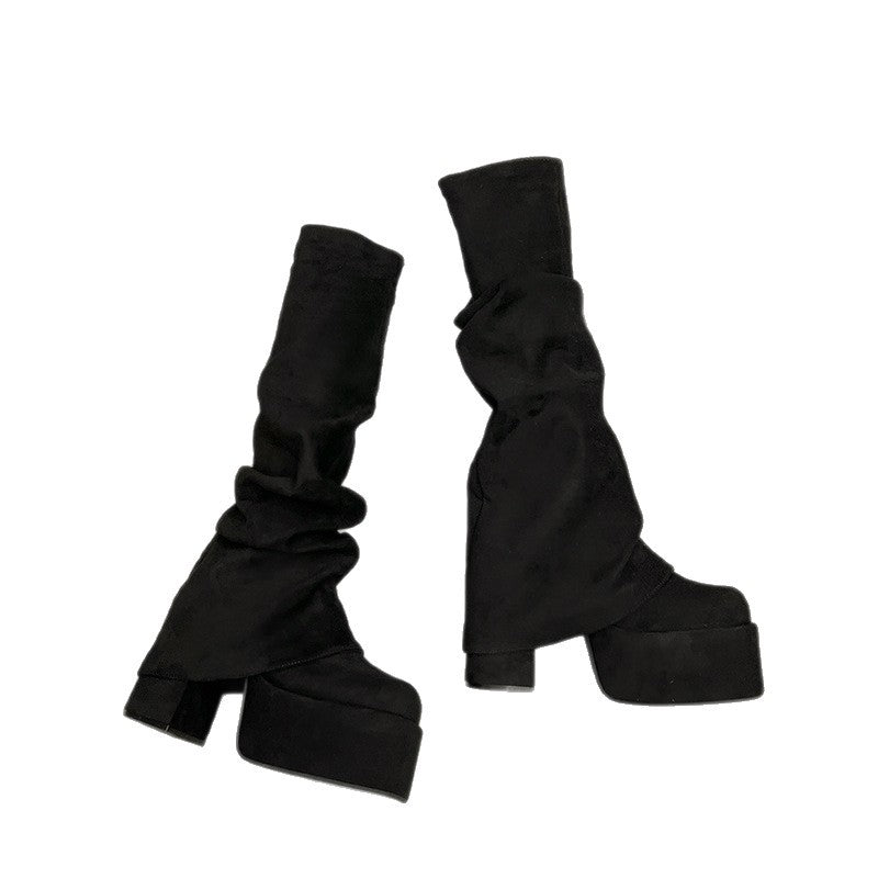 Women's Thick-soled High-heeled Hot Pantyhose Round Toe High Leg Slimming Stretch Women's Leather Boots