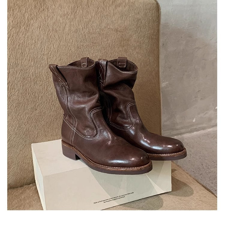 Women's Pointed Round Head V Cut Motorcycle Chunky Heels