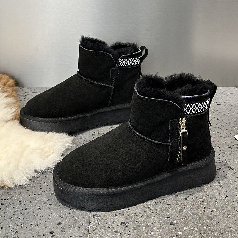 Women's Zip Platform Ethnic Style Fleece-lined Double Face Short Snow Boots