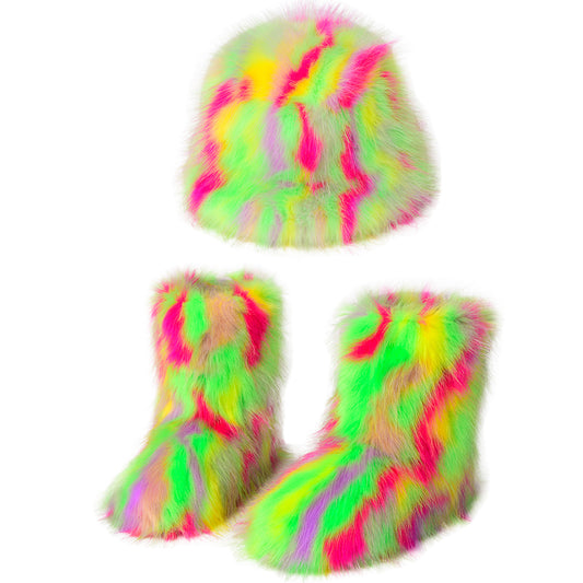 Women's Plush Suit Colorful Fur Bucket Hat Warm Snow Boots