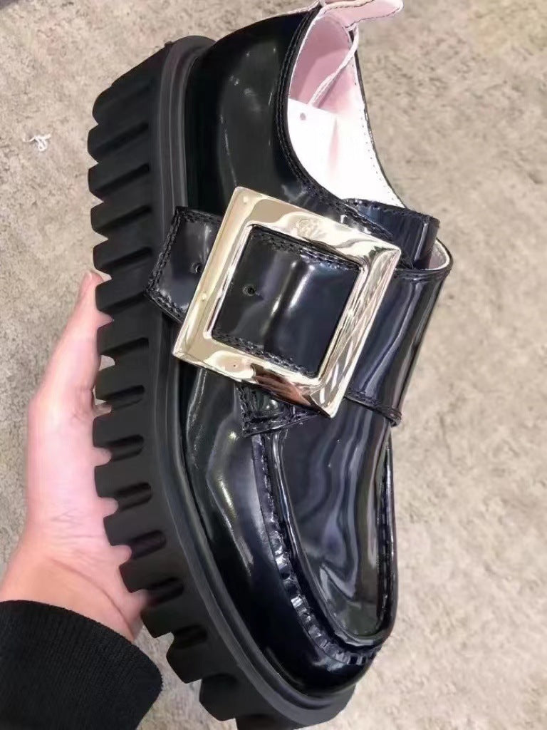 Women's British Style Rhinestone Square Buckle Platform Loafers