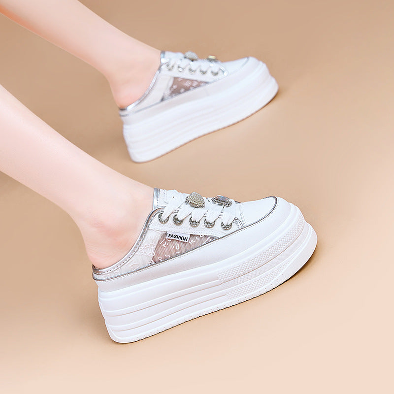Women's Platform White Summer Breathable Half Genuine Slippers