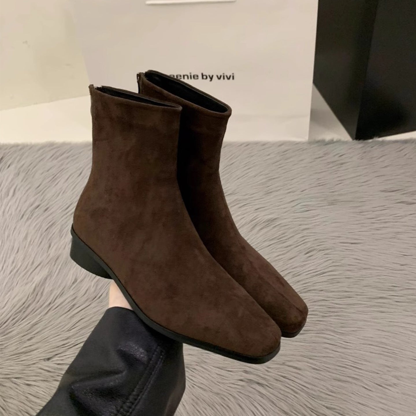 Women's Cowhide Ankle Female Square Toe Suede Korean Style Small French Women's Leather Boots