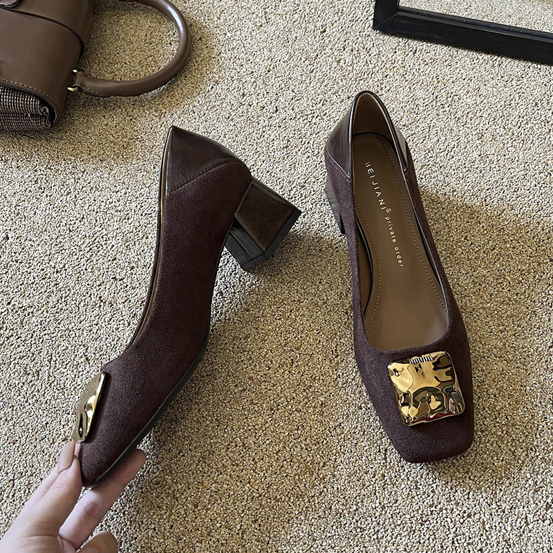 Women's Cashmere Square Toe Chunky Pumps Belt Mary Heels