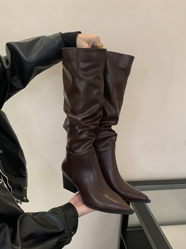 Long Female Tube Tail Thick-soled British Style Soft Pointed Women's Leather Boots