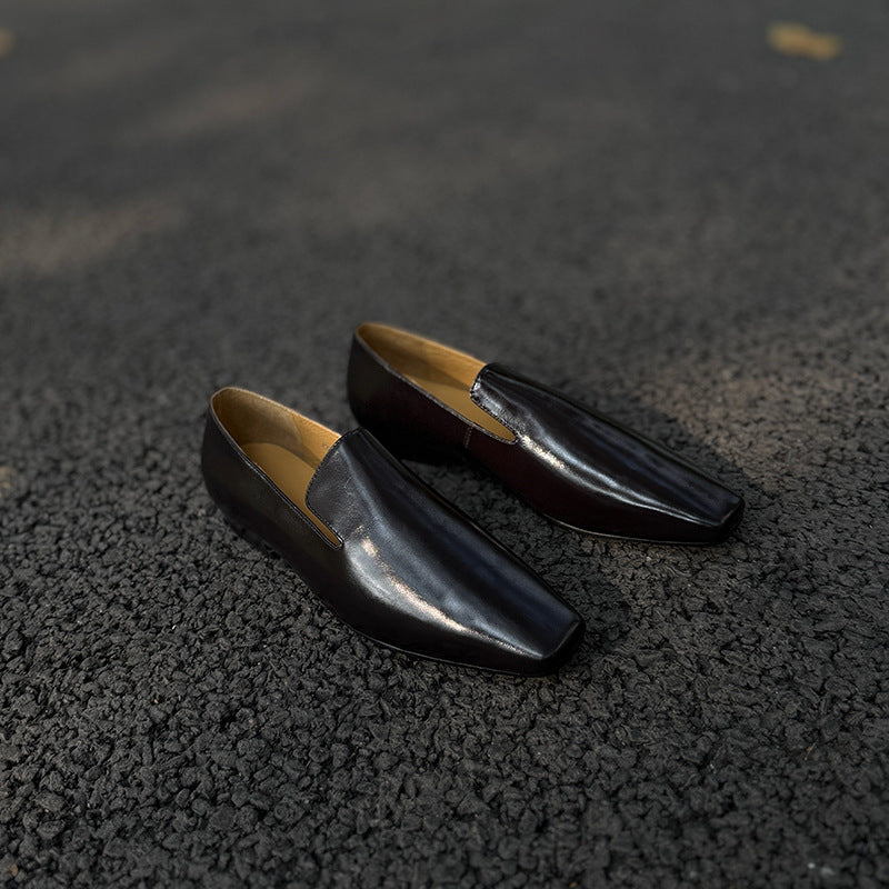 Women's Spring Cowhide Square Toe Flat Authentic Loafers