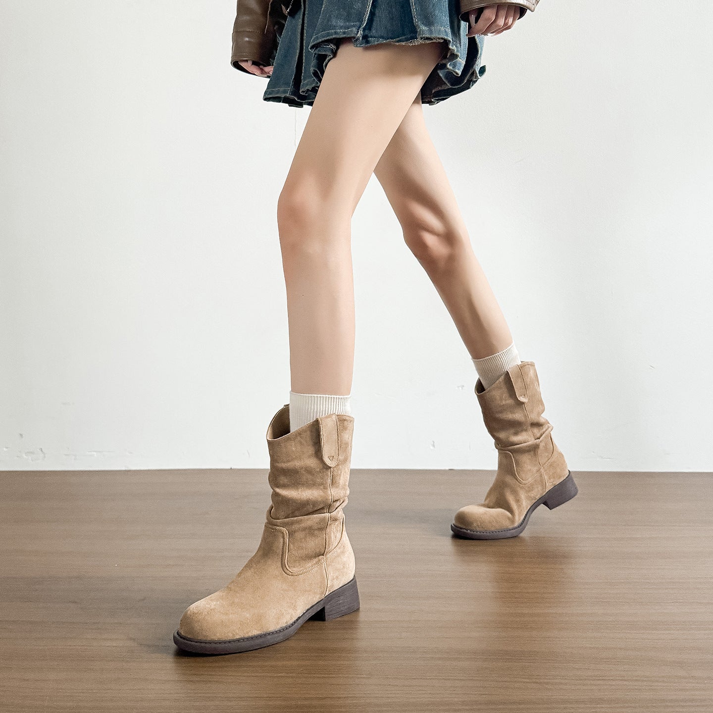 Women's Khaki Martin Pile Style Pleated Single Western Women's Leather Boots