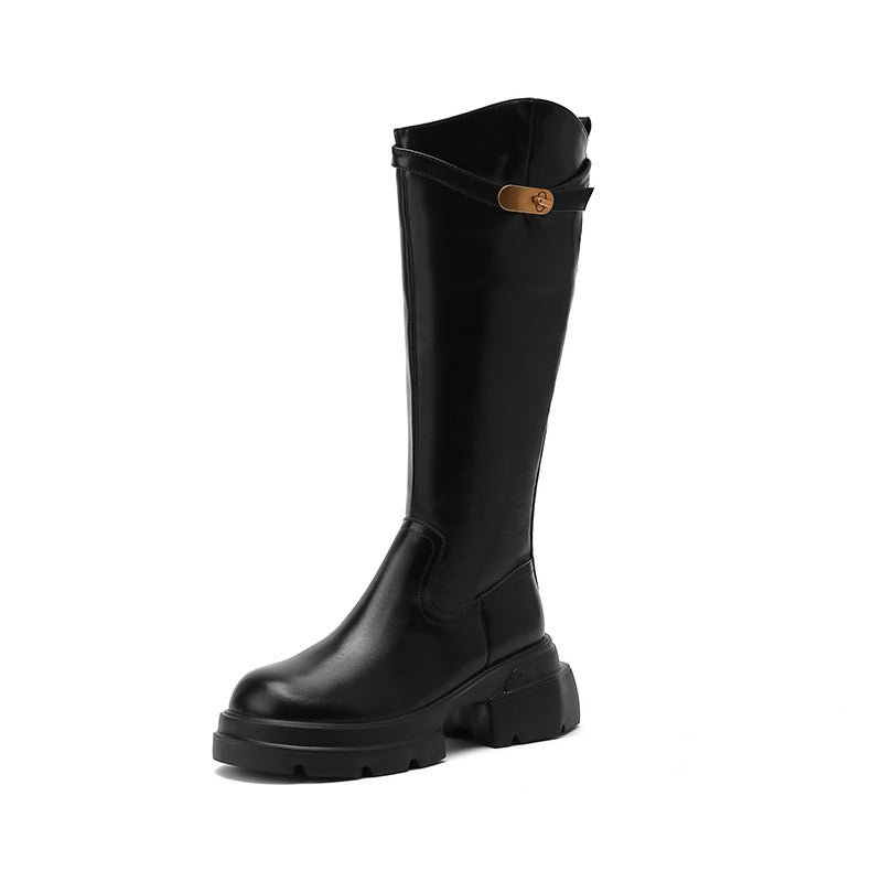 Women's Small Below The Knee Thick Long Tube Platform Knee-high Slimming Women's Leather Boots